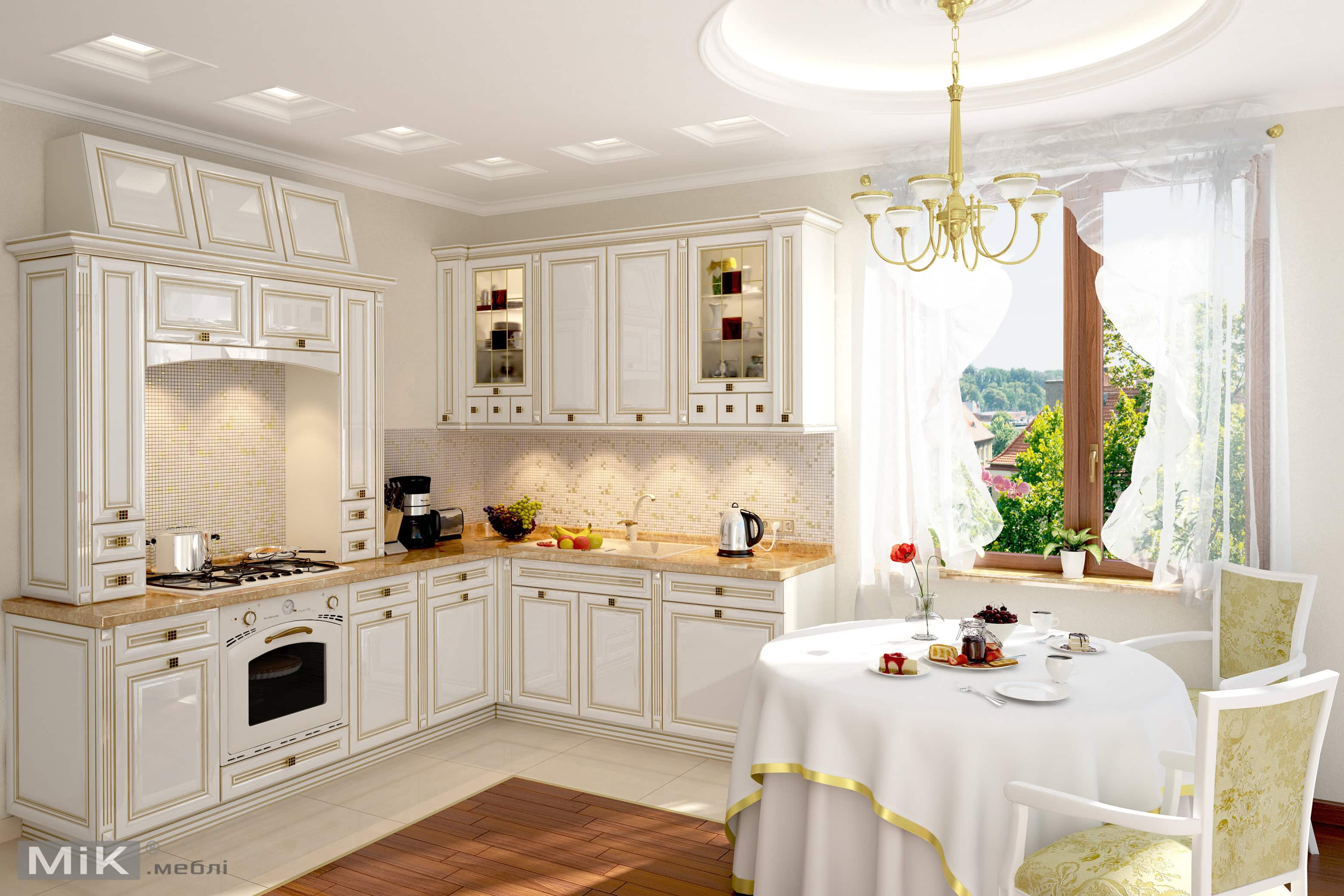 Простора кухня з патинованим декором і мармуровими стільницями, з видом на сад