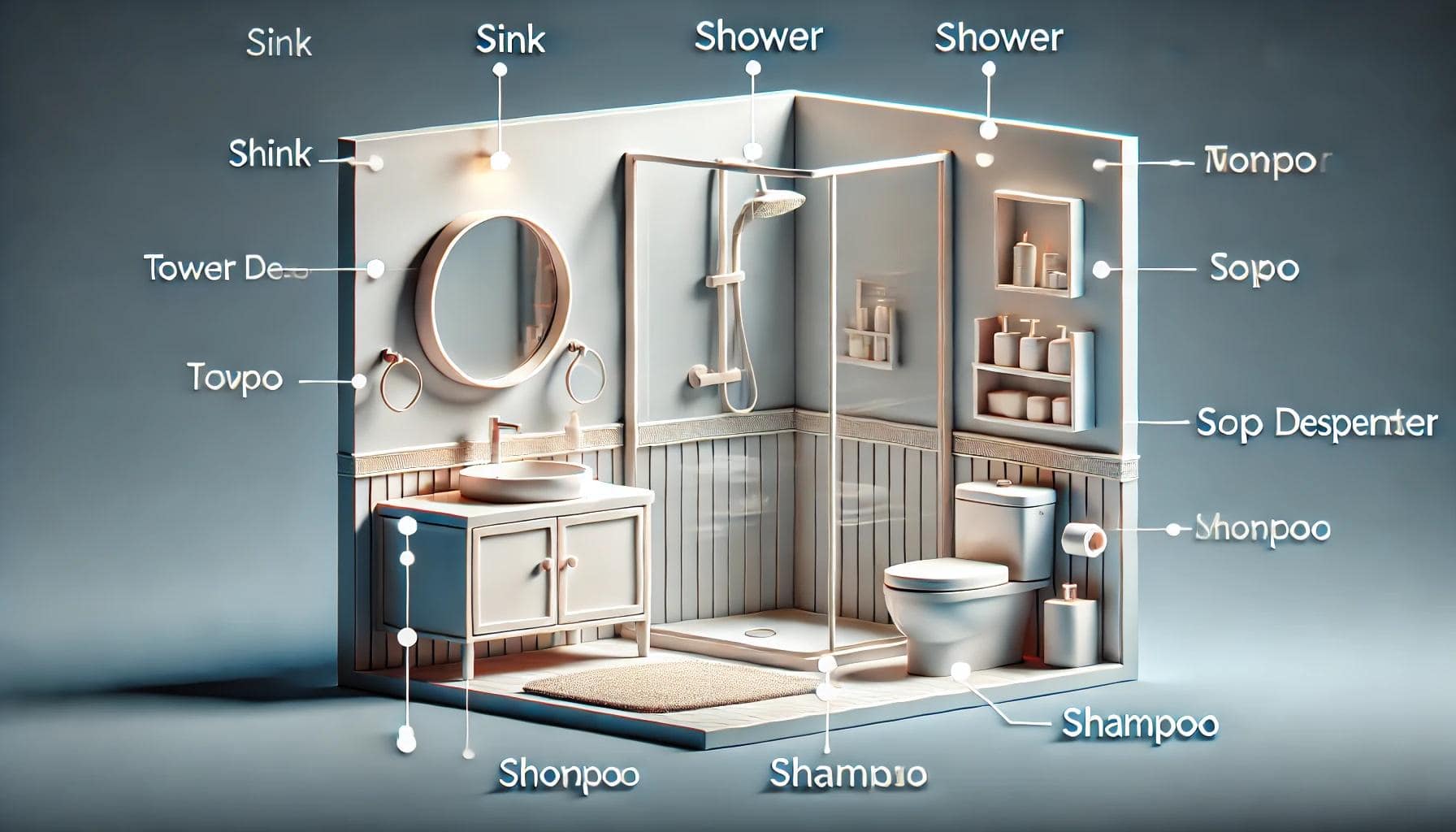 3D_иллюстрация_ванной_комнаты 3D иллюстрация ванной комнаты с подписями на английском языке, показывающими различные элементы: раковины, душевые кабины, дозаторы мыла, шампунь и другие предметы.