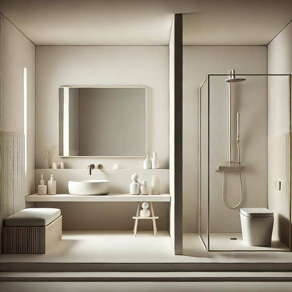 Минималистская_ванна_сцена_подчеркивающая_простоту_под_разным_углом Минималистичная ванная комната, подчеркивающая простоту и чистоту, вид с другого ракурса. Ванная комната с минимальным декором и только необходимыми предметами, создающая чистую и уютную атмосферу. Дизайн включает современные и стильные элементы, простую цветовую гамму и большое открытое пространство. Раковина, зеркало и душевая зона оформлены элегантно, без лишнего беспорядка и ненужных предметов, подчеркивая минималистический подход с новой перспективы.