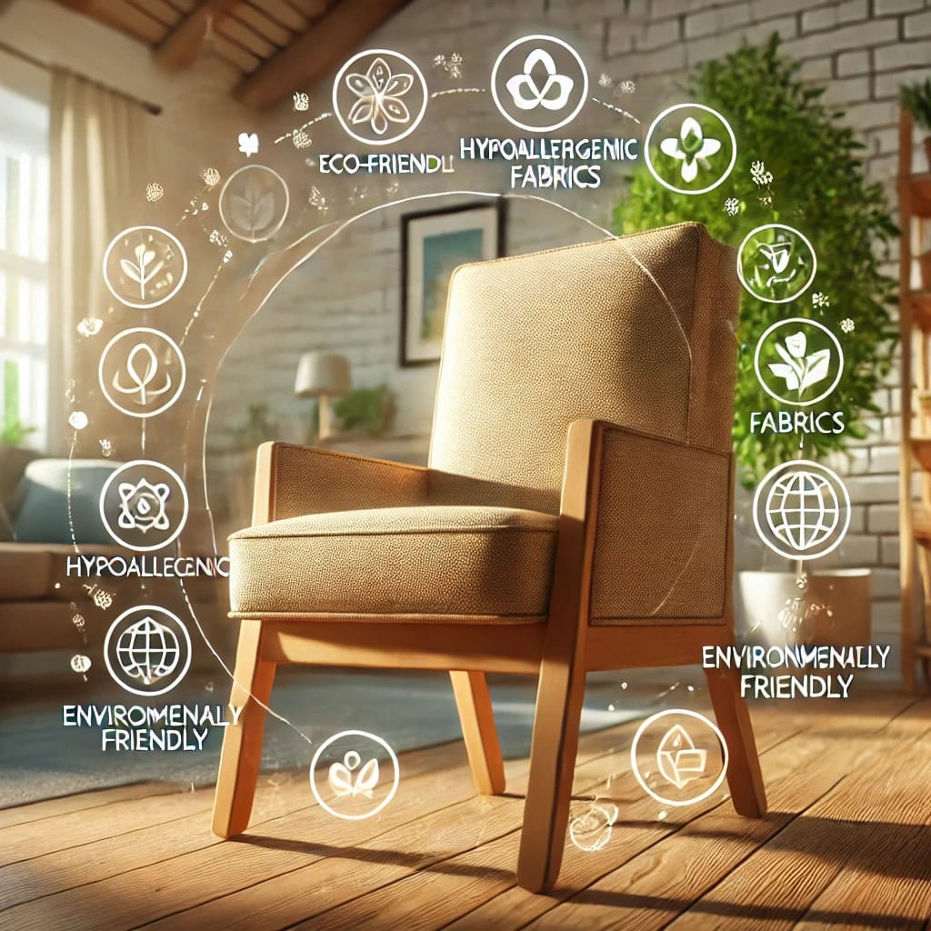 Иллюстрация, подчеркивающая важность материалов, используемых в кресле, сделанного из экологически чистых и безопасных для здоровья материалов. Изображение показывает кресло с иконками или метками, выделяющими гипоаллергенные ткани и экологически чистые компоненты. Обстановка представляет собой дом, где живут дети или люди с аллергиями, подчеркивая преимущества использования таких материалов для их безопасности и благополучия.