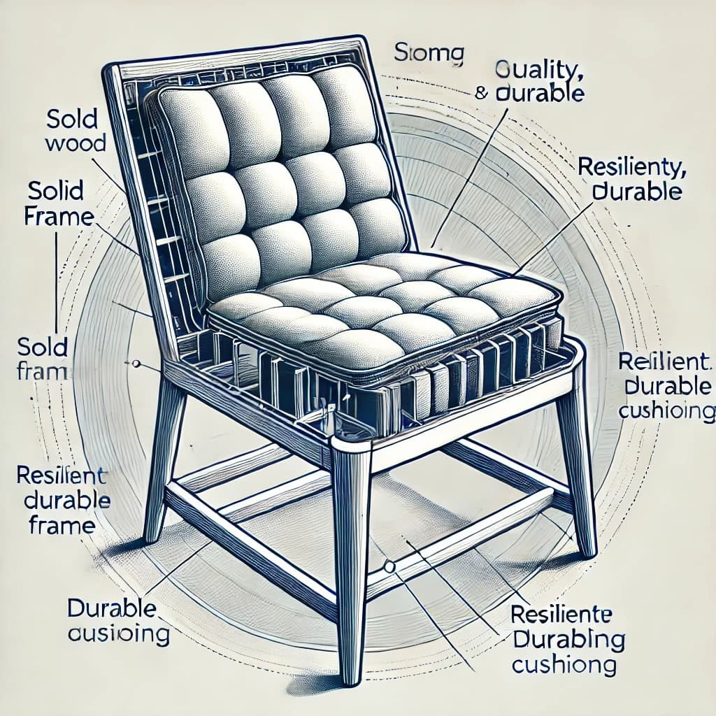 Иллюстрация, подчеркивающая качество изготовления кресла. Изображение показывает поперечное сечение кресла, выделяя прочный каркас из массивного дерева или металлических конструкций. Кресло оснащено упругими и долговечными мягкими элементами, которые сохраняют форму со временем. Иллюстрация акцентирует внимание на важности прочного и устойчивого каркаса, а также высококачественных, долговечных мягких элементов.