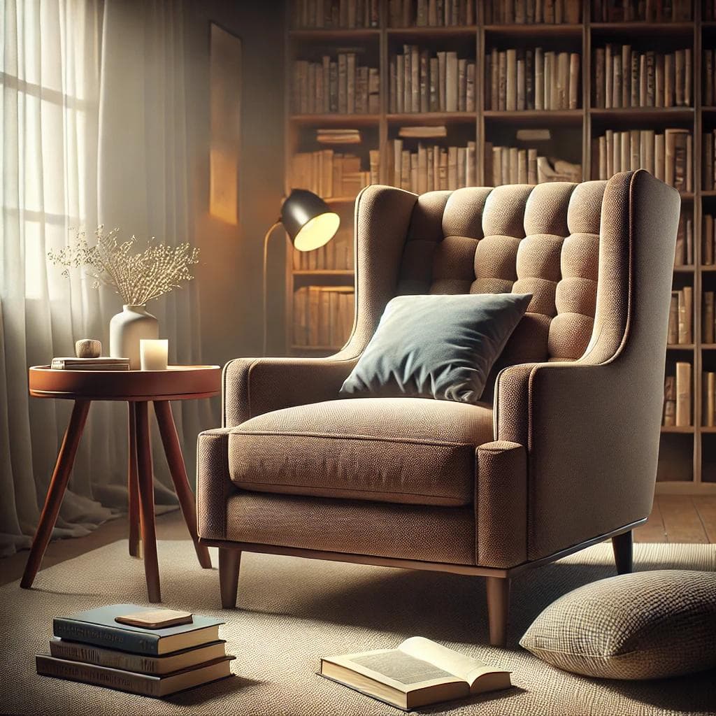 Картинка, показывающая уютный уголок для чтения с мягким коричневым креслом с подлокотниками и высокой спинкой. Кресло просторное и комфортное, идеально подходит для чтения книги. Сцена включает в себя небольшой столик, стопку книг и мягкое освещение. На заднем плане виден книжный шкаф, заполненный книгами, создающий уютную атмосферу.