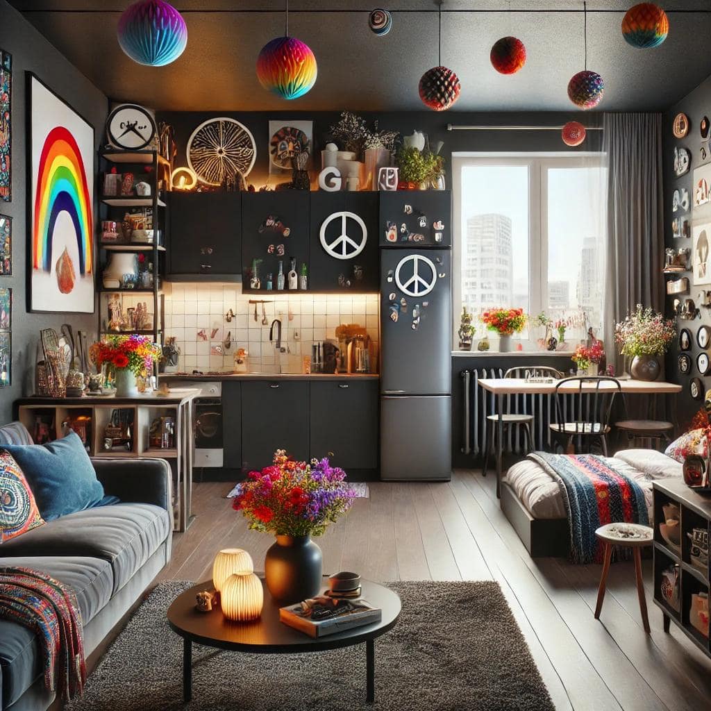 Красочная_студия_квартира Однокомнатная квартира с открытой планировкой, объединяющей гостиную, спальную и кухонную зоны, оформленная в современном минималистском стиле с черными стенами, темной мебелью, небольшими радужными украшениями, разноцветными цветами в вазах, богемными акцентами, красочными гобеленами, символами мира, большими окнами и эффективными решениями для хранения.