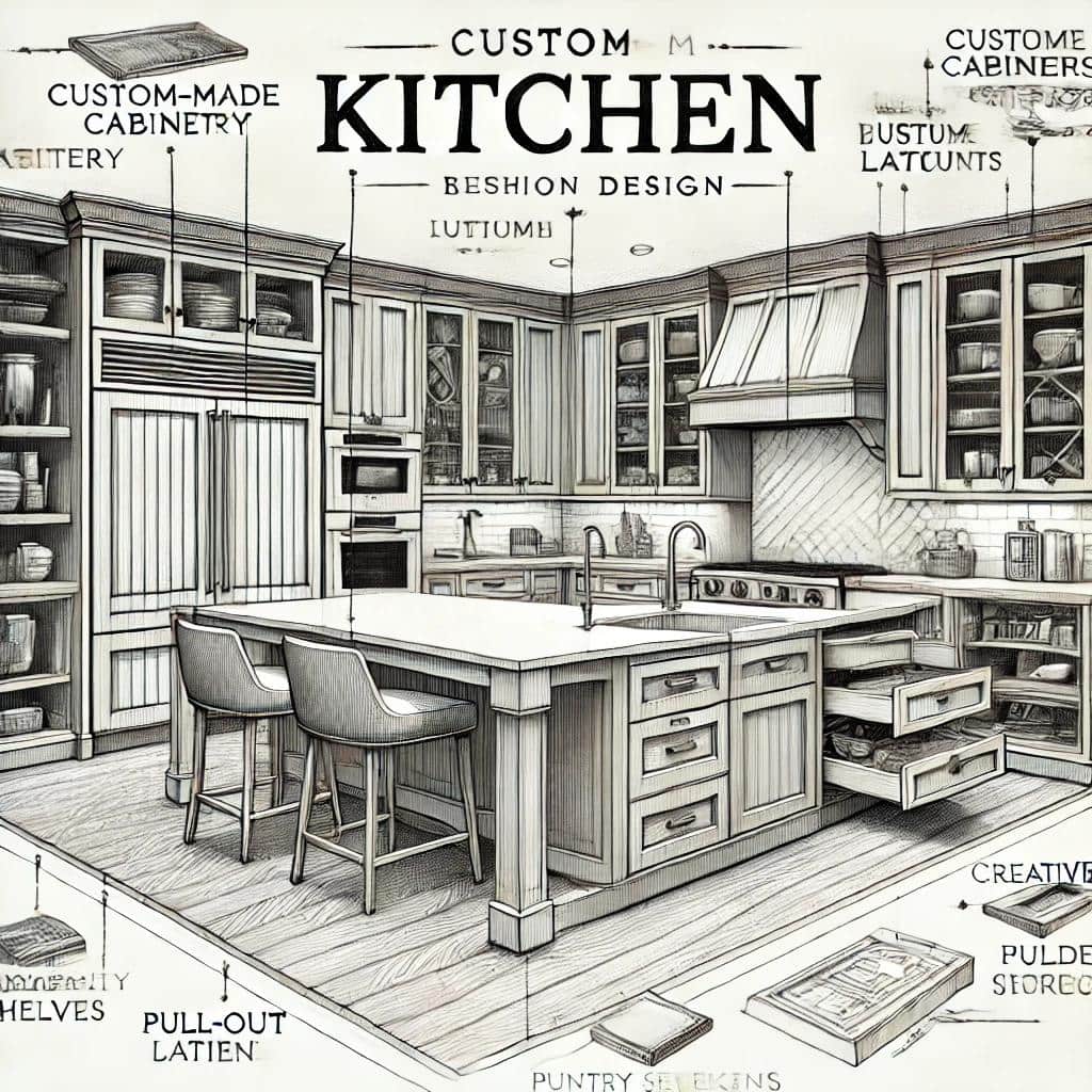 Схематичне зображення кухні на замовлення з індивідуально виготовленими шафами, унікальним плануванням, високоякісними матеріалами та персоналізованими деталями. Кухня включає шафи, що налаштовуються, великий острів із вбудованою раковиною та зоною для сидіння, сучасні побутові прилади, інтегровані в дизайн, і креативні рішення для зберігання, як-от висувні полиці для комори та приховані відділення. Дизайн відображає високоякісну, спеціально розроблену кухню, що відповідає конкретним потребам і вподобанням клієнта, з акцентом на функціональність і естетику.