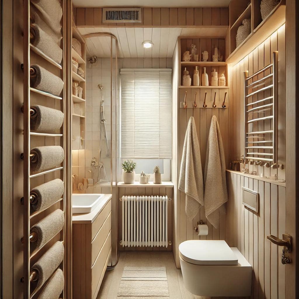 Небольшая ванная комната с организованным хранением полотенец. На стенах и двери установлены полотенцесушители и крючки, обеспечивающие экономию места и поддерживающие полотенца сухими и готовыми к использованию. Ванная комната спроектирована эффективно, с современными приборами и уютной атмосферой.