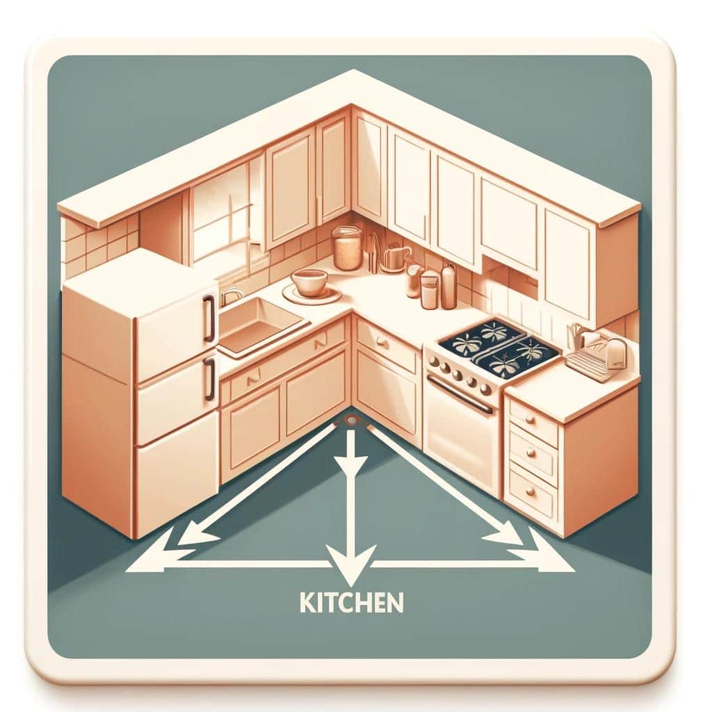 Ілюстрація робочого трикутника на кухні. На зображенні показано планування кухні, де холодильник, плита і мийка утворюють трикутник. Стрілками вказані шляхи руху між цими трьома точками, що підкреслюють ефективність такої розстановки, яка мінімізує переміщення під час готування. Фон зображує просту і чисту кухню, щоб акцентувати увагу на концепції робочого трикутника.