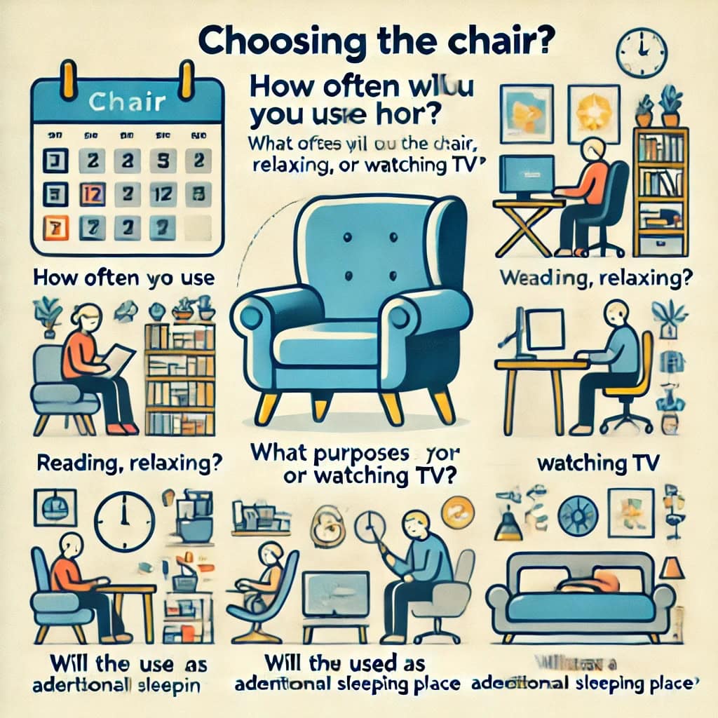 Инструкционный рисунок для выбора кресла перед походом в мебельный магазин. Изображение включает три основных вопроса: 'Как часто вы будете использовать кресло?', 'Для каких целей вам нужно кресло: для чтения, отдыха, работы или просмотра телевизора?' и 'Будет ли кресло использоваться как дополнительное спальное место?'. Иллюстрация содержит иконки и небольшие сцены, представляющие каждый вопрос, такие как календарь для частоты использования, различные активности, такие как чтение, отдых, работа и просмотр телевизора, и иконка кровати для дополнительного спального места.