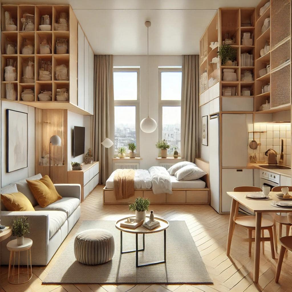 Однокомнатная_квартира_нежные_оттенки Однокомнатная квартира с открытой планировкой, объединяющей гостиную, спальную и кухонную зоны, оформленная в современном минималистском стиле с использованием светлых и нейтральных цветов, больших окон и эффективных решений для хранения.