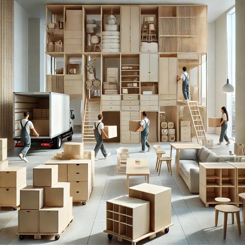 Реалистичная_фотография_показывает_легкость_перемещения Реалистичное фото, показывающее легкость перемещения и сборки модульной мебели, с людьми, транспортирующими и собирающими легкие мебельные модули в светлой и современной обстановке.