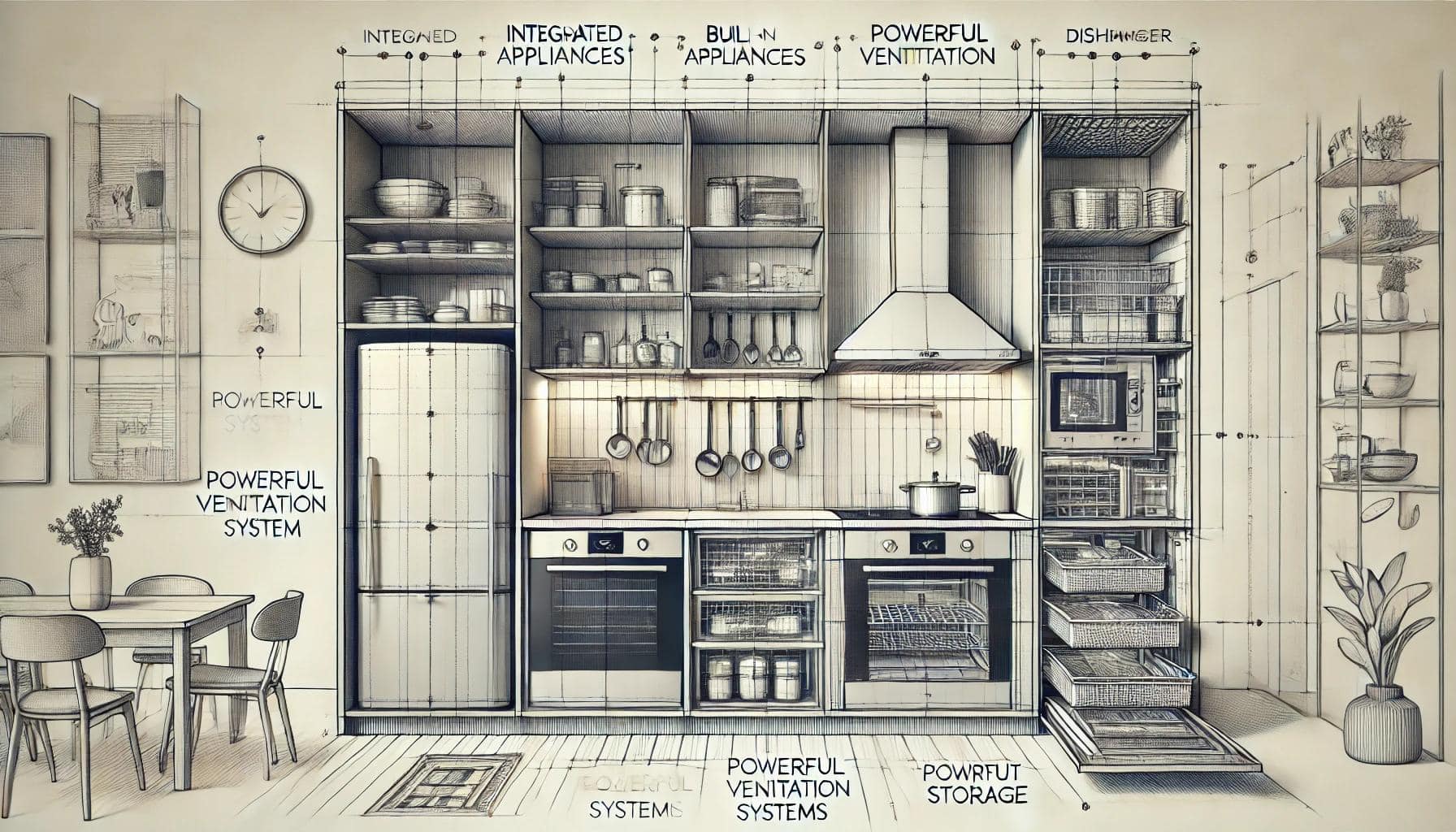Схематичне зображення сучасної кухні-студії з вбудованою технікою, потужною системою вентиляції та розумними рішеннями для зберігання. Кухня включає вбудовану духовку, холодильник і посудомийну машину. Система вентиляції представлена великою витяжкою над плитою. Розумні системи зберігання показані за допомогою висувних кошиків, полиць, що обертаються, та ефективного використання простору шаф. Дизайн чистий і сучасний, з акцентом на функціональність і оптимізацію простору.