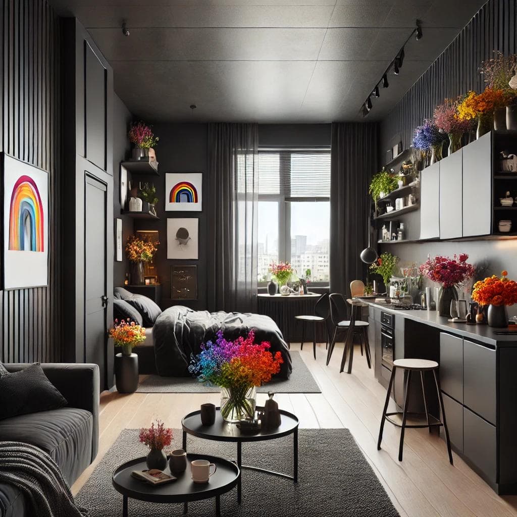 Студия_квартира_в_черном_с_радужными_цветами Однокомнатная квартира с открытой планировкой, объединяющей гостиную, спальную и кухонную зоны, оформленная в современном минималистском стиле с черными стенами, темной мебелью, небольшими радужными украшениями, разноцветными цветами в вазах, большими окнами и эффективными решениями для хранения.