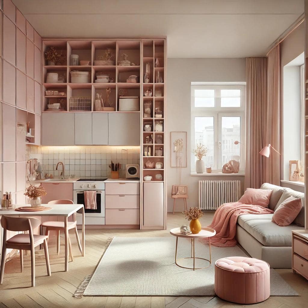 Студия_квартира_в_мягком_розовом_цвете Однокомнатная квартира с открытой планировкой, объединяющей гостиную, спальную и кухонную зоны, оформленная в современном минималистском стиле с нежно-розовыми стенами, светлой мебелью, яркими акцентами, большими окнами и эффективными решениями для хранения.