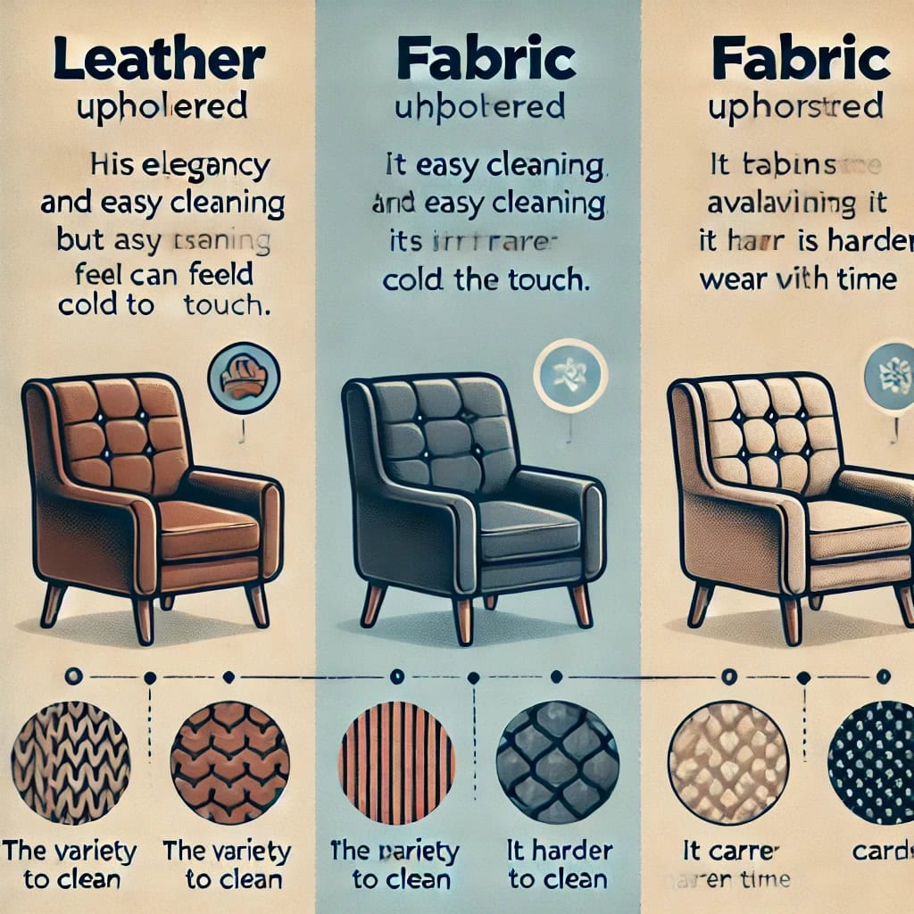 Инструкционный рисунок, объясняющий выбор материала обивки для кресел. Изображение включает три секции: одна показывает кресло с кожаной обивкой, подчеркивая его элегантность и легкость в уходе, но также указывая, что оно может быть холодным на ощупь; другая секция показывает кресло с тканевой обивкой, акцентируя разнообразие цветов и текстур, но отмечая, что ткань сложнее чистить и она может изнашиваться со временем; и третья секция сравнивает оба варианта. Иллюстрация использует простые иконки и текстовые аннотации для ясного представления информации.
