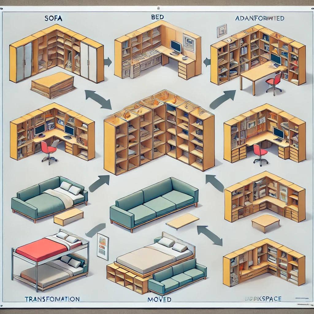 Учебная_иллюстрация_демонстрирующая_гибкость_и_адаптивность Инструкционный рисунок, показывающий гибкость и адаптивность модульной мебели с примерами преобразования модулей, такими как диван, превращающийся в кровать, и шкафы, превращающиеся в рабочее место.