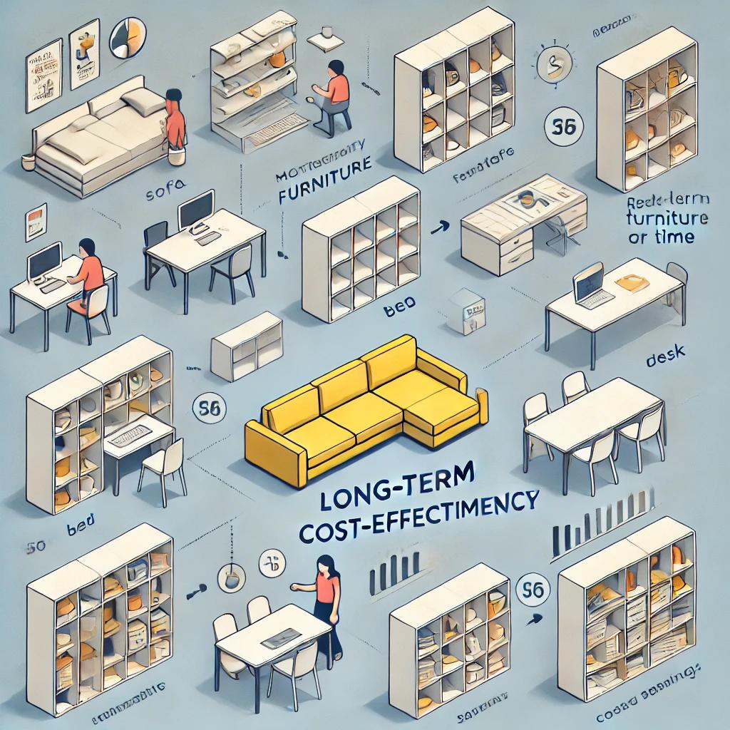 Учебная_иллюстрация_показывает_экономическую_выгоду Инструкционная картинка, иллюстрирующая экономическую выгоду модульной мебели в долгосрочной перспективе, показывая её многофункциональность, долговечность и адаптивность с примерами трансформаций и графиками экономии средств.