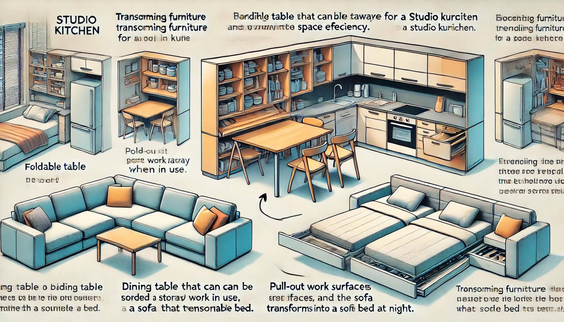 Інструкційне зображення для кухні-студії з меблями-трансформерами. Показано складні столи, висувні робочі поверхні та дивани-ліжка для максимального використання простору. Включено приклади обіднього столу, який можна скласти і прибрати, і дивана, який вночі перетворюється на ліжко.