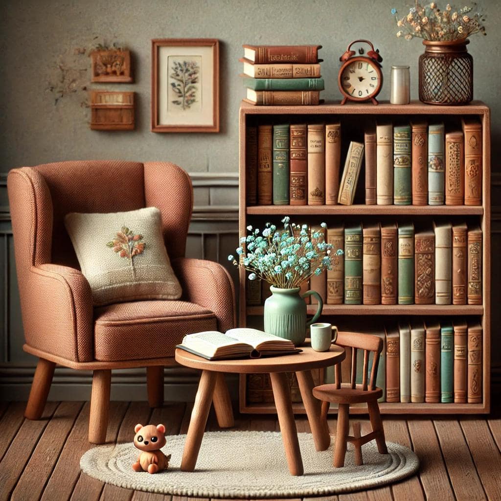 Затишний_куточок_для_читання_з_квітами Затишний куточок для читання з книжковою шафою, маленьким столиком з відкритою книжкою і вазою з маленькими синіми квіточками, і милим кріслом, у колірній гамі коричневого, зеленого і м'якого помаранчевого, з іграшкою на підлозі.