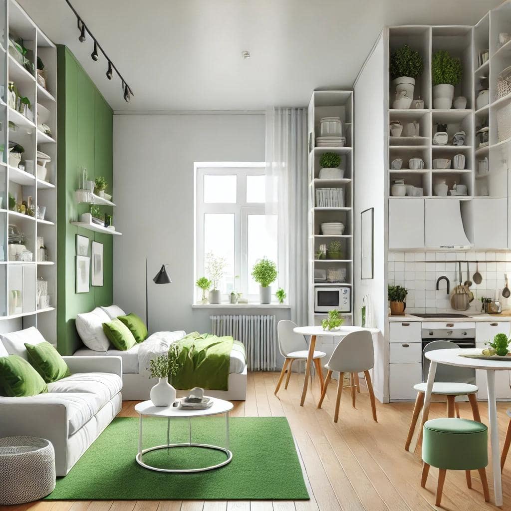 Квартира-студия_с_белой_зеленой_гаммой Однокомнатная квартира с открытой планировкой, объединяющей гостиную, спальную и кухонную зоны, оформленная в современном минималистском стиле с белыми стенами, зелеными акцентами, яркими цветами, большими окнами и эффективными решениями для хранения.