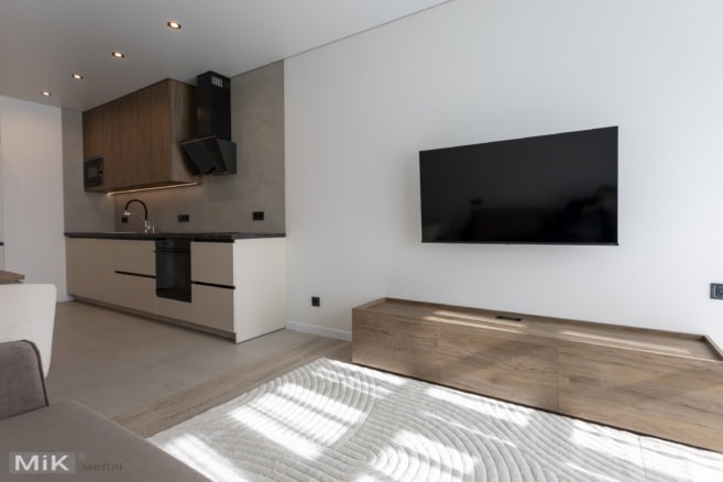 9_pidvisna-tumba-pid-tv-u-kvartyri Кухня и ТВ-зона в квартире в едином стиле на заказ