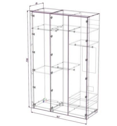 Чертеж встроенного шкафа в коридор с внутренним наполнением